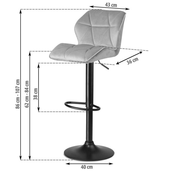 Bárszék, Sofotel Castel, világosszürke, 2 db, 62–84 cm ülésmagasság, háttámlás, lábtartóval, fekete talp