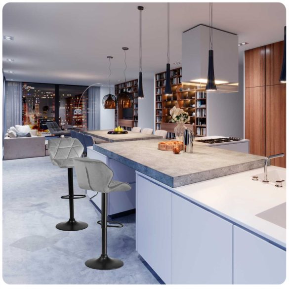 Bárszék, Sofotel Castel, világosszürke, 2 db, 62–84 cm ülésmagasság, háttámlás, lábtartóval, fekete talp