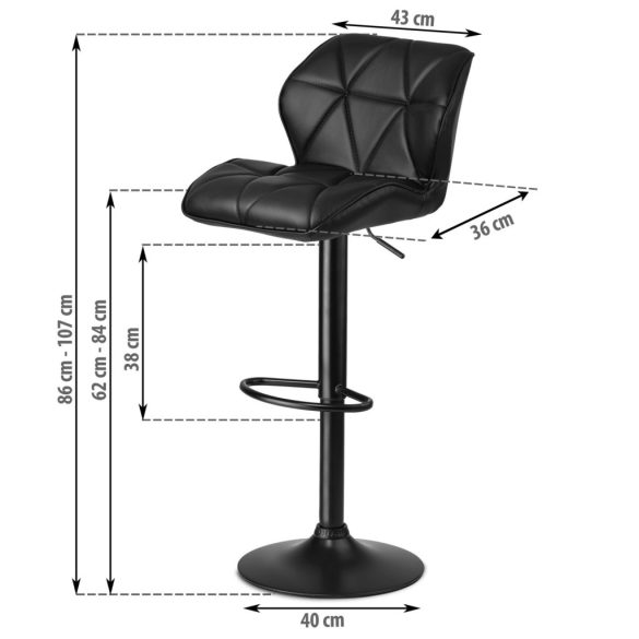 Bárszék, Sofotel Castel, fekete, 2 db, 62–84 cm ülésmagasság, háttámlás, lábtartóval, fekete talp