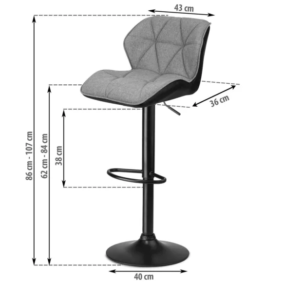 Bárszék, Sofotel Castel, szürke-fekete, 2 db, 62–84 cm ülésmagasság, háttámlás, lábtartóval, fekete talp