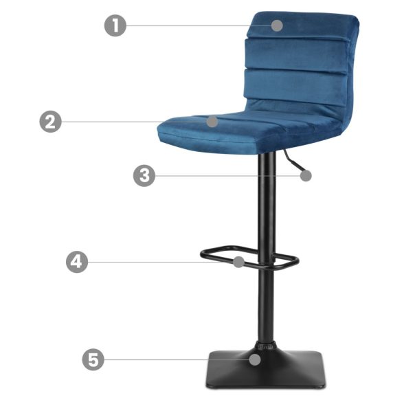 Bárszék, Sofotel Drava, kék, 1 db, 62-84 cm ülésmagasság, háttámlás, lábtartóval, velúr kárpit, fekete talp