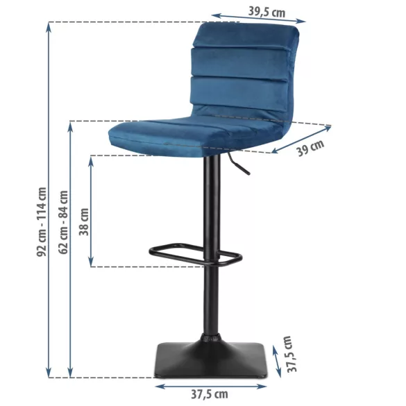 Bárszék, Sofotel Drava, kék, 1 db, 62-84 cm ülésmagasság, háttámlás, lábtartóval, velúr kárpit, fekete talp
