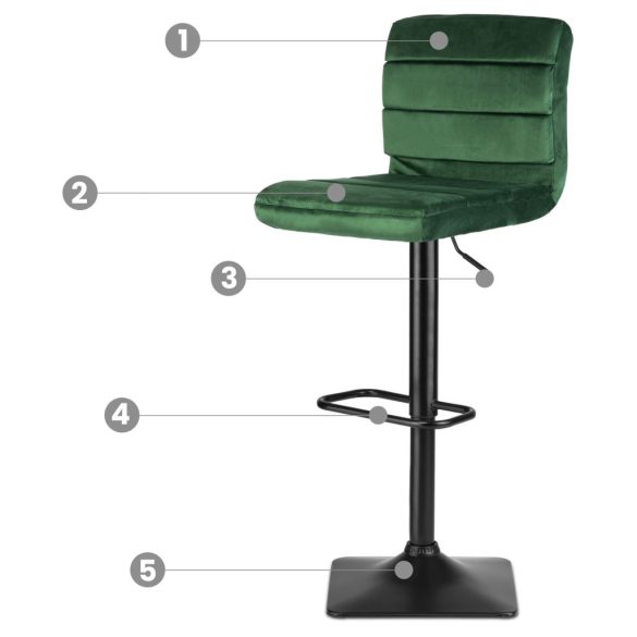 Bárszék, Sofotel Drava, zöld, 1 db, 62-84 cm ülésmagasság, háttámlás, lábtartóval, velúr kárpit, fekete talp
