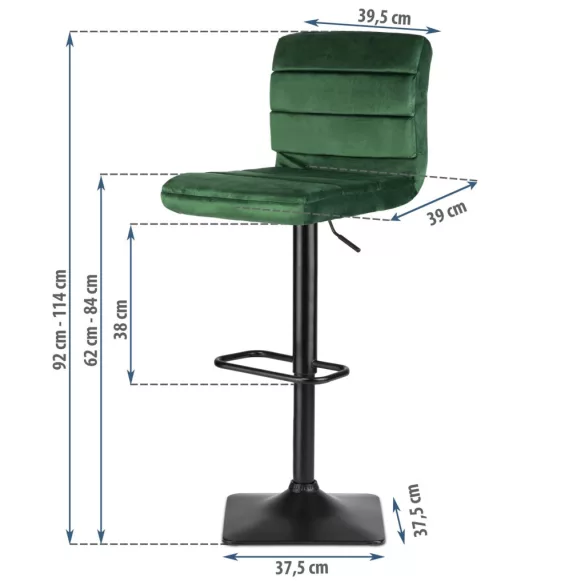 Bárszék, Sofotel Drava, zöld, 1 db, 62-84 cm ülésmagasság, háttámlás, lábtartóval, velúr kárpit, fekete talp