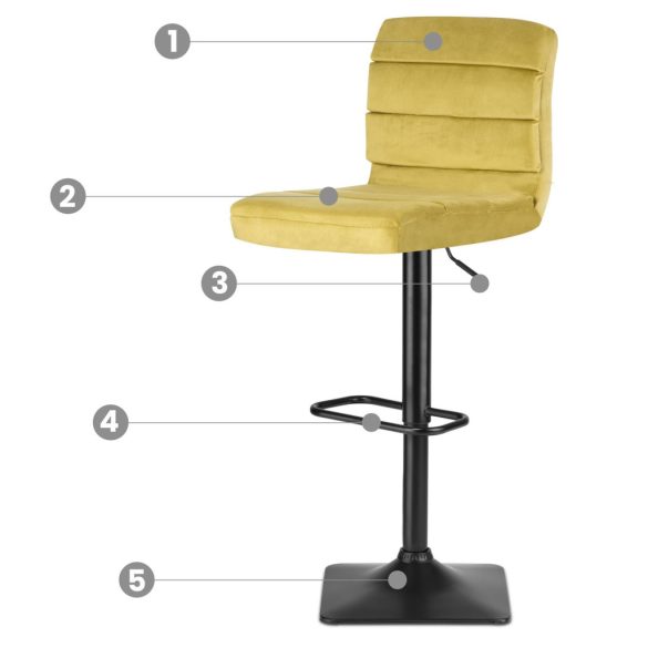 Bárszék, Sofotel Drava, sárga, 1 db, 62-84 cm ülésmagasság, háttámlás, lábtartóval, velúr kárpit, fekete talp