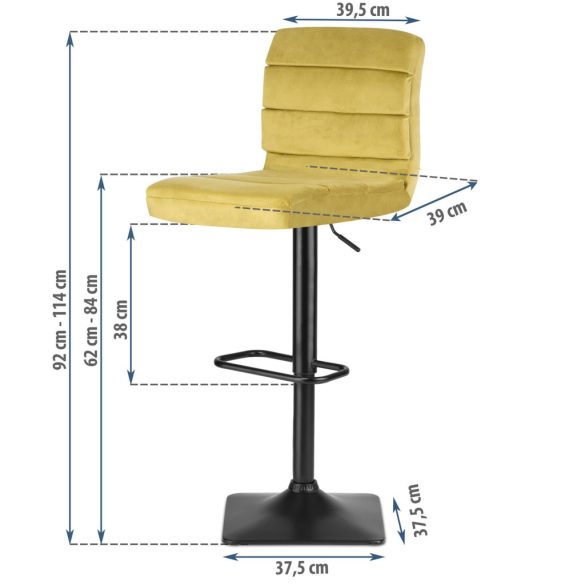 Bárszék, Sofotel Drava, sárga, 1 db, 62-84 cm ülésmagasság, háttámlás, lábtartóval, velúr kárpit, fekete talp