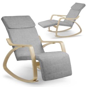 Hintaszék, Sofotel Suzi, világosszürke, állítható lábtartó, fejtámasz, levehető huzat, fa és fém váz, 150 kg teherbírás