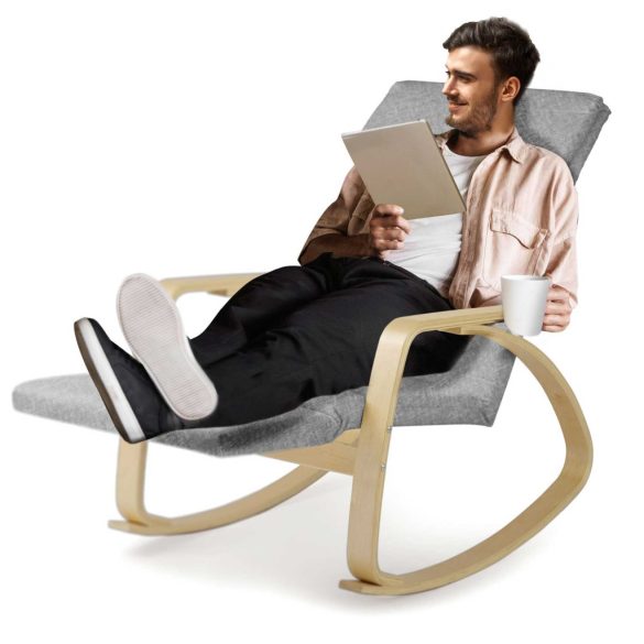 Hintaszék, Sofotel Suzi, világosszürke, állítható lábtartó, fejtámasz, levehető huzat, fa és fém váz, 150 kg teherbírás