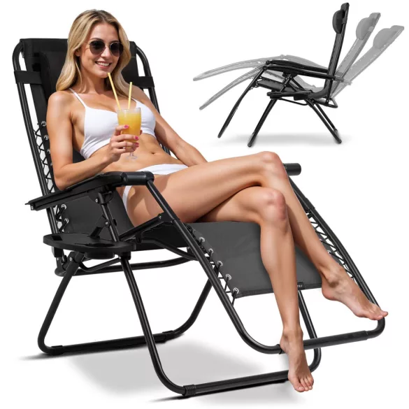 Napozóágy szett, Sofotel ChillWell, fekete, 110 x 102 x 60 cm, összecsukható, párnázott, italtartóval, teherbírás: 120 kg, 2 db-os szett