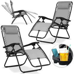   Napozóágy szett, Sofotel ChillWell, szürke, 110 x 102 x 60 cm, összecsukható, párnázott, italtartóval, teherbírás: 120 kg, 2 db-os szett