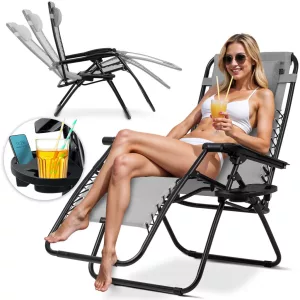 Napozóágy, Sofotel ChillWell, szürke, 110 x 102 x 60 cm, összecsukható, párnázott, italtartóval, teherbírás: 120 kg