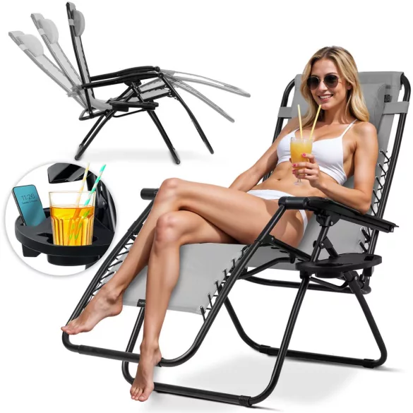 Napozóágy, Sofotel ChillWell, szürke, 110 x 102 x 60 cm, összecsukható, párnázott, italtartóval, teherbírás: 120 kg