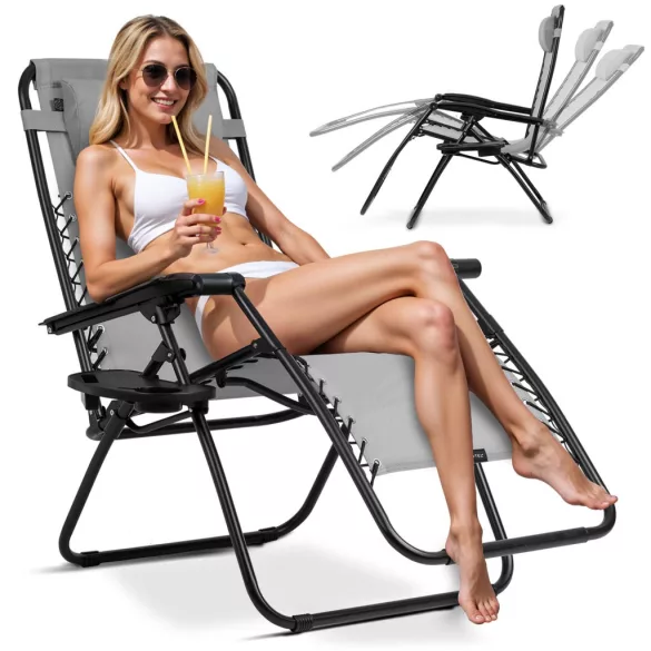 Napozóágy, Sofotel ChillWell, szürke, 110 x 102 x 60 cm, összecsukható, párnázott, italtartóval, teherbírás: 120 kg