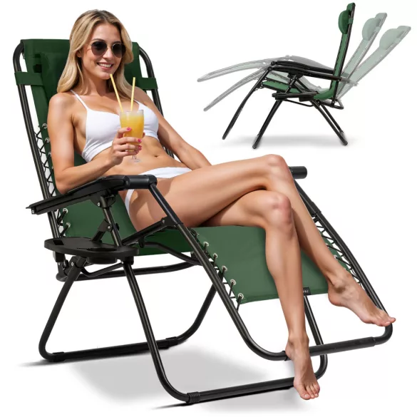 Napozóágy szett, Sofotel ChillWell, zöld, 110 x 102 x 60 cm, összecsukható, párnázott, italtartóval, teherbírás: 120 kg, 2 db-os szett