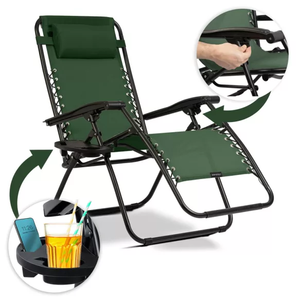 Napozóágy szett, Sofotel ChillWell, zöld, 110 x 102 x 60 cm, összecsukható, párnázott, italtartóval, teherbírás: 120 kg, 2 db-os szett