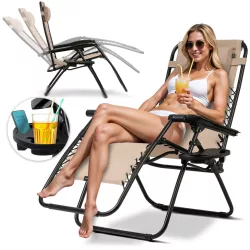   Napozóágy, Sofotel ChillWell, bézs, 110 x 102 x 60 cm, összecsukható, párnázott, italtartóval, teherbírás: 120 kg