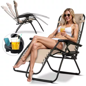 Napozóágy, Sofotel ChillWell, bézs, 110 x 102 x 60 cm, összecsukható, párnázott, italtartóval, teherbírás: 120 kg