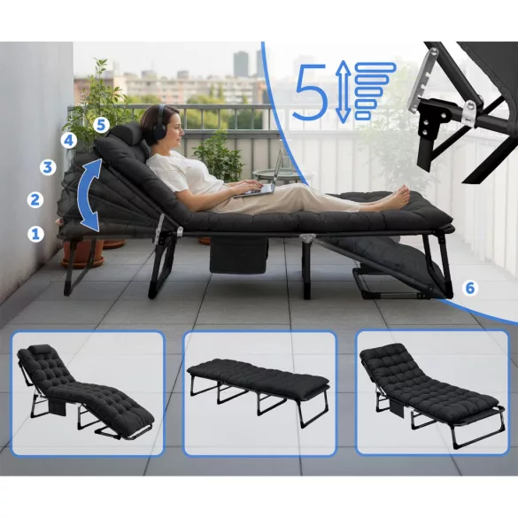 Napozóágy, Sofotel ChillWell Dream, fekete, 193 x 75,5 x 67 cm, összecsukható, párnázott, fekvő helyzetbe dönthető, teherbírás: 120 kg