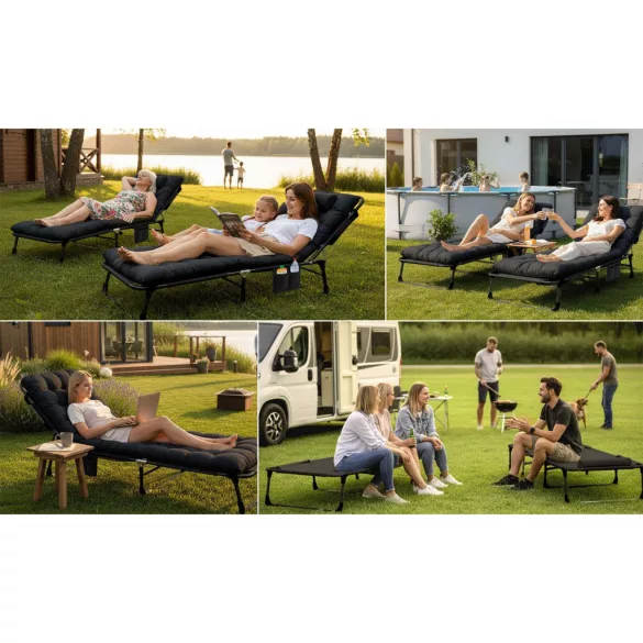Napozóágy, Sofotel ChillWell Dream, fekete, 193 x 75,5 x 67 cm, összecsukható, párnázott, fekvő helyzetbe dönthető, teherbírás: 120 kg