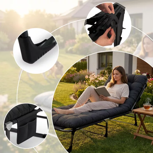 Napozóágy, Sofotel ChillWell Dream, fekete, 193 x 75,5 x 67 cm, összecsukható, párnázott, fekvő helyzetbe dönthető, teherbírás: 120 kg