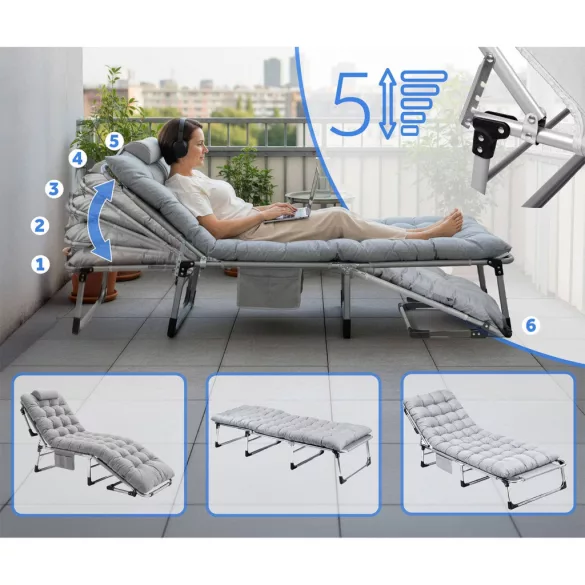 Napozóágy, Sofotel ChillWell Dream, szürke, 193 x 75,5 x 67 cm, összecsukható, párnázott, fekvő helyzetbe dönthető, teherbírás: 120 kg