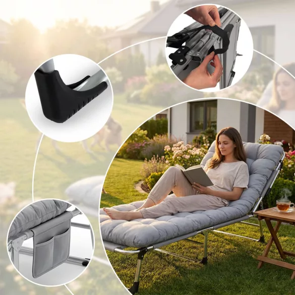 Napozóágy, Sofotel ChillWell Dream, szürke, 193 x 75,5 x 67 cm, összecsukható, párnázott, fekvő helyzetbe dönthető, teherbírás: 120 kg