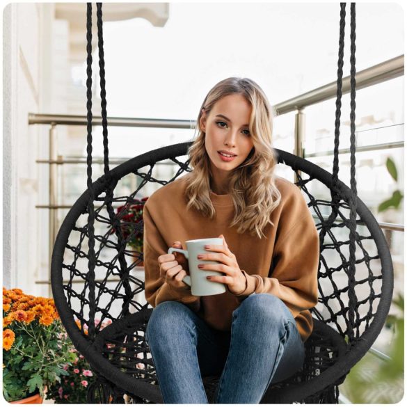 Függőfotel, Sofotel Boho, fekete, 80 x 63 cm ülés, fém váz, 100 cm poliészter–pamut kötél, 150 kg teherbírás, beltéri/kültéri