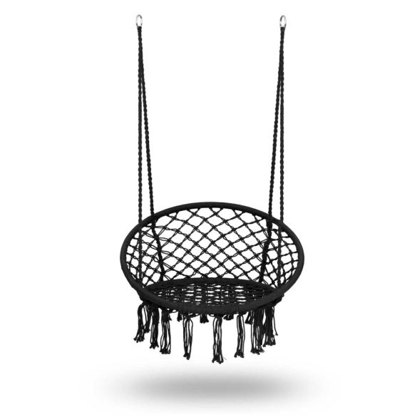 Függőfotel, Sofotel Boho, fekete, 80 x 63 cm ülés, fém váz, 100 cm poliészter–pamut kötél, 150 kg teherbírás, beltéri/kültéri