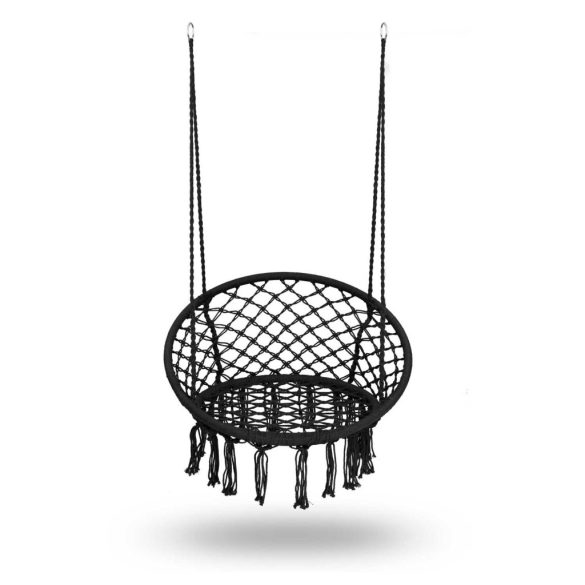 Függőfotel, Sofotel Boho, fekete, 80 x 63 cm ülés, fém váz, 100 cm poliészter–pamut kötél, 150 kg teherbírás, beltéri/kültéri