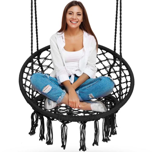 Függőfotel, Sofotel Boho, fekete, 80 x 63 cm ülés, fém váz, 100 cm poliészter–pamut kötél, 150 kg teherbírás, beltéri/kültéri