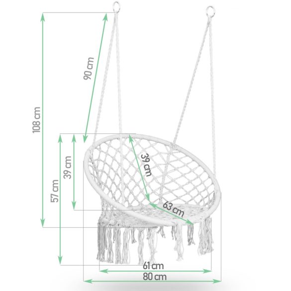 Függőfotel, Sofotel Boho, fekete, 80 x 63 cm ülés, fém váz, 100 cm poliészter–pamut kötél, 150 kg teherbírás, beltéri/kültéri