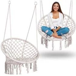   Függőszék, Sofotel Boho, bézs, 80 x 63 cm ülés, fém váz, 100 cm poliészter–pamut kötél, 150 kg teherbírás, beltéri/kültéri