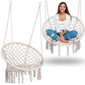 Függőfotel, Sofotel Boho, bézs, 80 x 63 cm ülés, fém váz, 100 cm poliészter–pamut kötél, 150 kg teherbírás, beltéri/kültéri