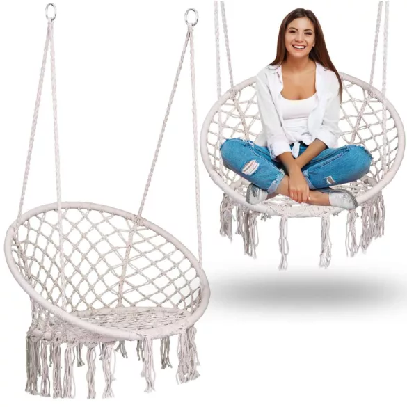 Függőszék, Sofotel Boho, bézs, 80 x 63 cm ülés, fém váz, 100 cm poliészter–pamut kötél, 150 kg teherbírás, beltéri/kültéri
