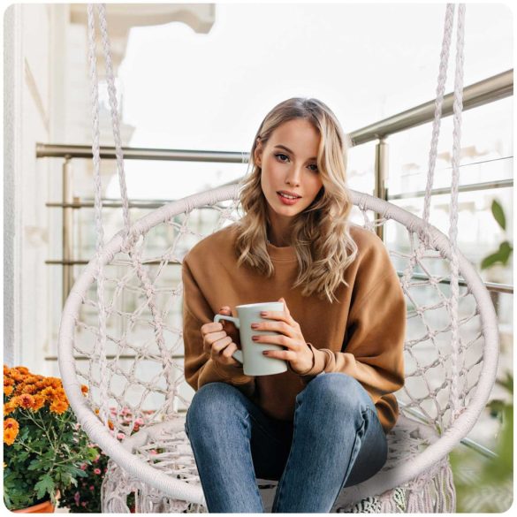 Függőfotel, Sofotel Boho, bézs, 80 x 63 cm ülés, fém váz, 100 cm poliészter–pamut kötél, 150 kg teherbírás, beltéri/kültéri