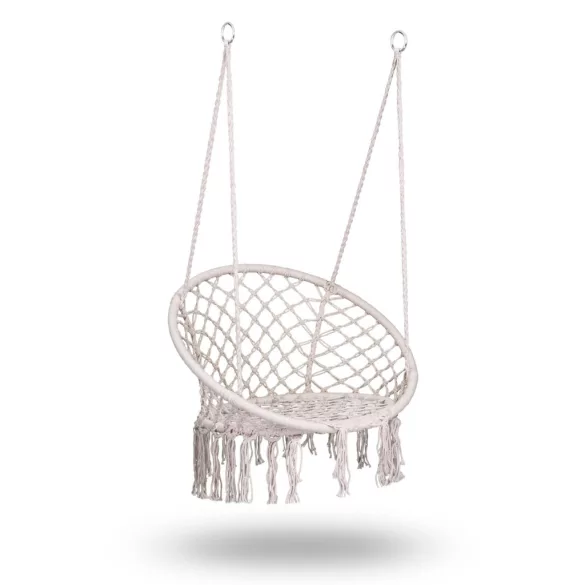 Függőszék, Sofotel Boho, bézs, 80 x 63 cm ülés, fém váz, 100 cm poliészter–pamut kötél, 150 kg teherbírás, beltéri/kültéri