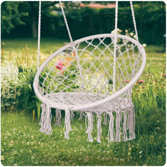Függőszék, Sofotel Boho, bézs, 80 x 63 cm ülés, fém váz, 100 cm poliészter–pamut kötél, 150 kg teherbírás, beltéri/kültéri