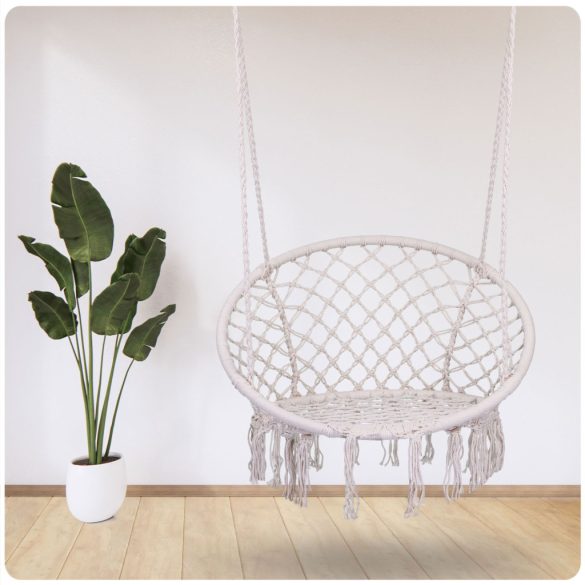 Függőfotel, Sofotel Boho, bézs, 80 x 63 cm ülés, fém váz, 100 cm poliészter–pamut kötél, 150 kg teherbírás, beltéri/kültéri