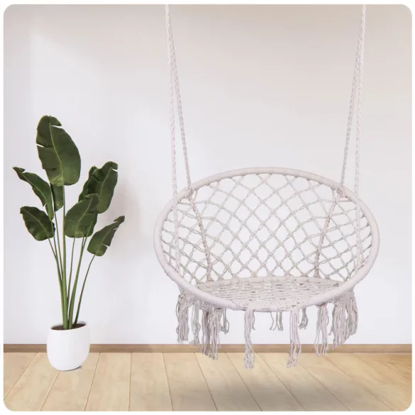 Függőszék, Sofotel Boho, bézs, 80 x 63 cm ülés, fém váz, 100 cm poliészter–pamut kötél, 150 kg teherbírás, beltéri/kültéri