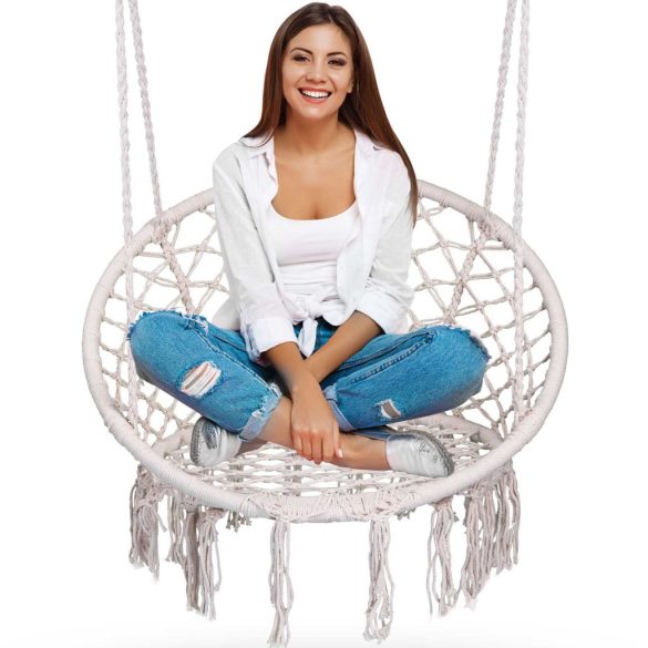 Függőfotel, Sofotel Boho, bézs, 80 x 63 cm ülés, fém váz, 100 cm poliészter–pamut kötél, 150 kg teherbírás, beltéri/kültéri