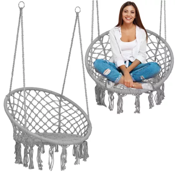 Függőszék, Sofotel Boho, szürke, 80 x 63 cm ülés, fém váz, 100 cm poliészter–pamut kötél, 150 kg teherbírás, beltéri/kültéri