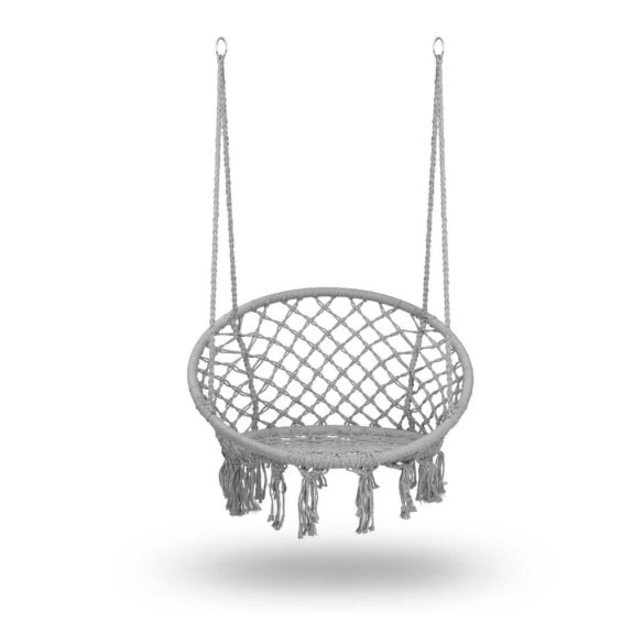 Függőfotel, Sofotel Boho, szürke, 80 x 63 cm ülés, fém váz, 100 cm poliészter–pamut kötél, 150 kg teherbírás, beltéri/kültéri