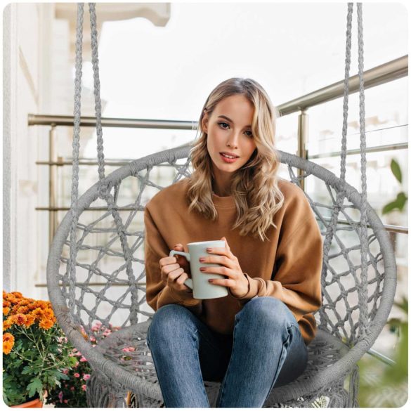 Függőfotel, Sofotel Boho, szürke, 80 x 63 cm ülés, fém váz, 100 cm poliészter–pamut kötél, 150 kg teherbírás, beltéri/kültéri