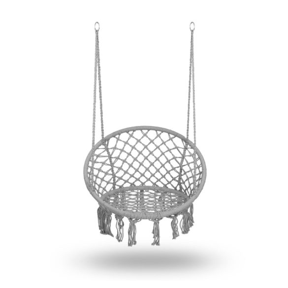 Függőfotel, Sofotel Boho, szürke, 80 x 63 cm ülés, fém váz, 100 cm poliészter–pamut kötél, 150 kg teherbírás, beltéri/kültéri