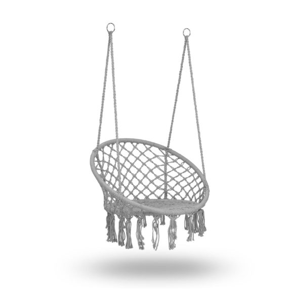 Függőfotel, Sofotel Boho, szürke, 80 x 63 cm ülés, fém váz, 100 cm poliészter–pamut kötél, 150 kg teherbírás, beltéri/kültéri