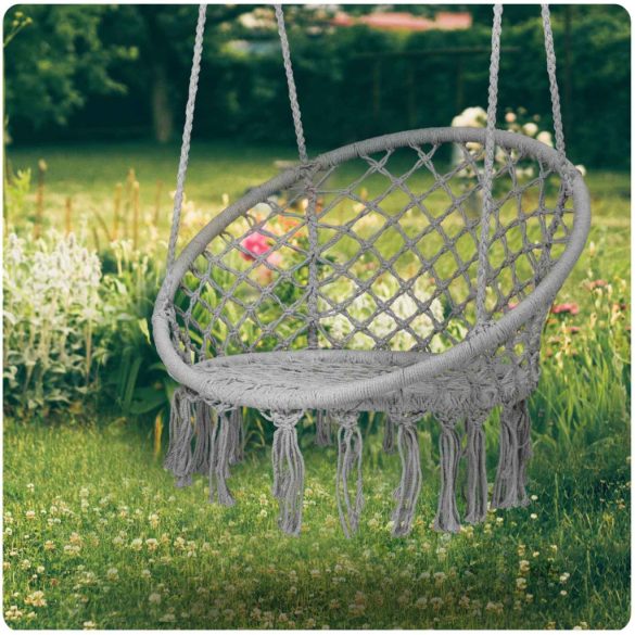 Függőfotel, Sofotel Boho, szürke, 80 x 63 cm ülés, fém váz, 100 cm poliészter–pamut kötél, 150 kg teherbírás, beltéri/kültéri