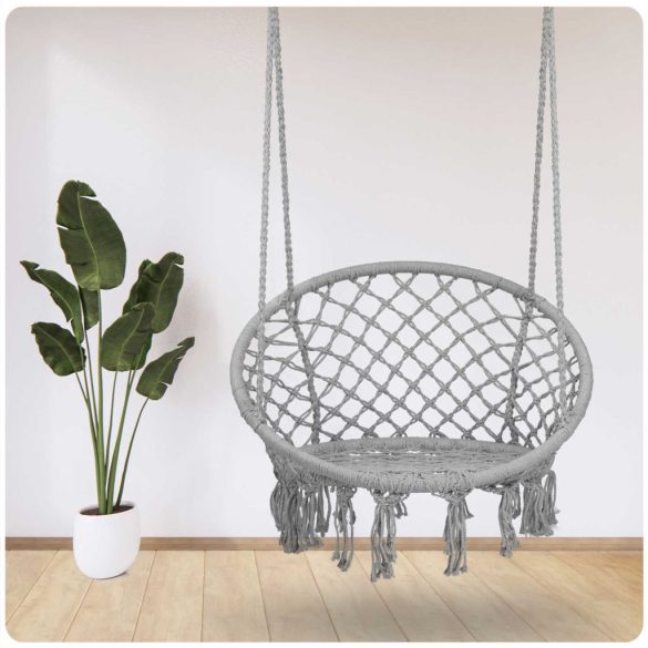 Függőfotel, Sofotel Boho, szürke, 80 x 63 cm ülés, fém váz, 100 cm poliészter–pamut kötél, 150 kg teherbírás, beltéri/kültéri
