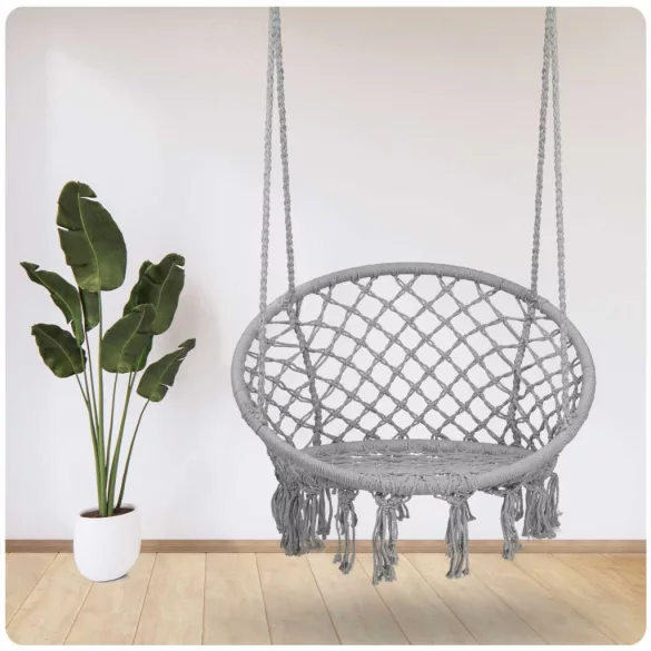 Függőszék, Sofotel Boho, szürke, 80 x 63 cm ülés, fém váz, 100 cm poliészter–pamut kötél, 150 kg teherbírás, beltéri/kültéri