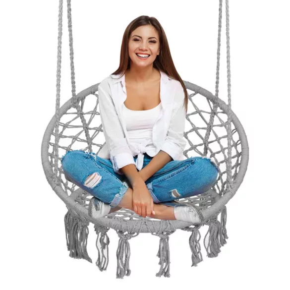 Függőszék, Sofotel Boho, szürke, 80 x 63 cm ülés, fém váz, 100 cm poliészter–pamut kötél, 150 kg teherbírás, beltéri/kültéri