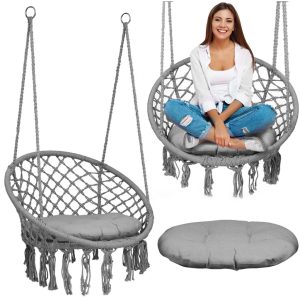 Függőfotel, Sofotel Boho, szürke, 80 x 63 cm ülés, fém váz, 100 cm poliészter–pamut kötél, párnával, 150 kg teherbírás, beltéri/kültéri